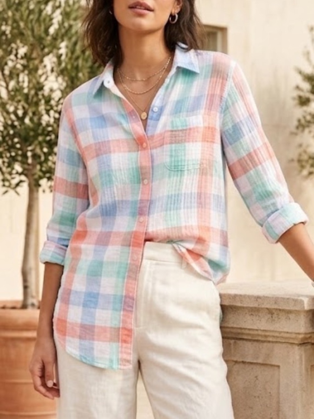 100% cotton Pastel Plaid Double Cloth crinkle Gauze Button-Down Shirt Size S